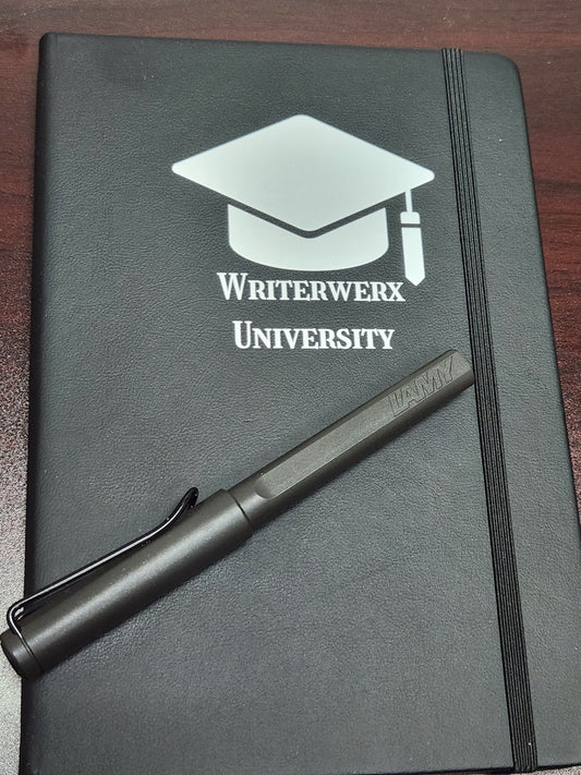 WU Notebook - Hardcover, black, lined, ribbon, strap