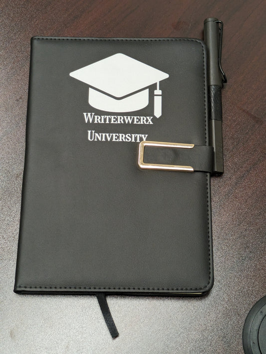 WU Notebook - Buckle, hardcover, black, lined, ribbon, pen strap